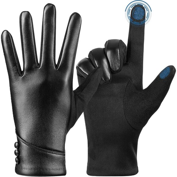 Women's Black Winter Leather Touch Screen Wool Lined Windproof Warm Dress Gloves - Picture 2 of 7
